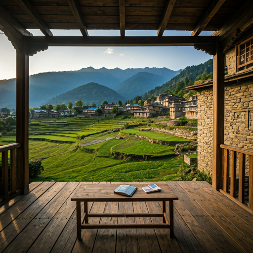 A warm wooden porch overlooking the terraced hills of Tehri, Uttarakhand at golden hour