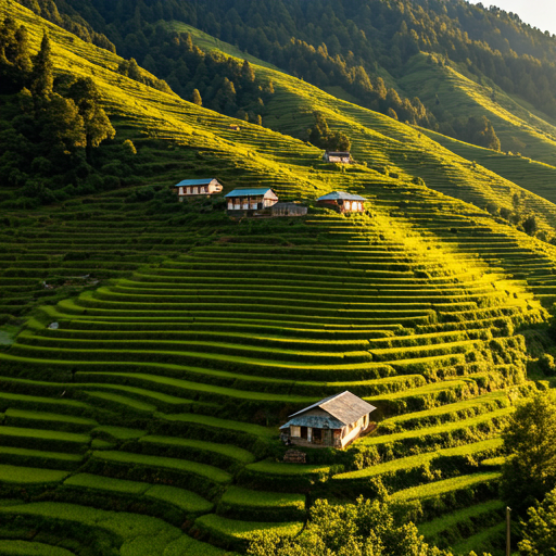Terraced fields of Sondhar village at golden hour in the Garhwal Himalayas