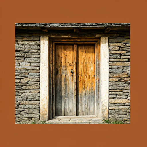 Old weathered wooden door of a traditional stone house